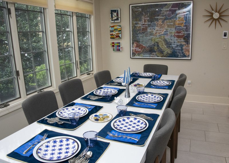 The table is set for Hannukah at the home of Tracey and Patrick Gallagher.